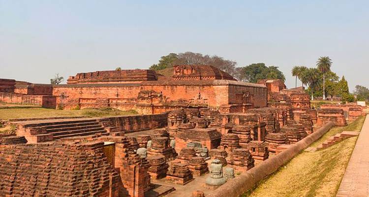 Antike Ruinen mit Steinstrukturen und überwuchernder Vegetation.