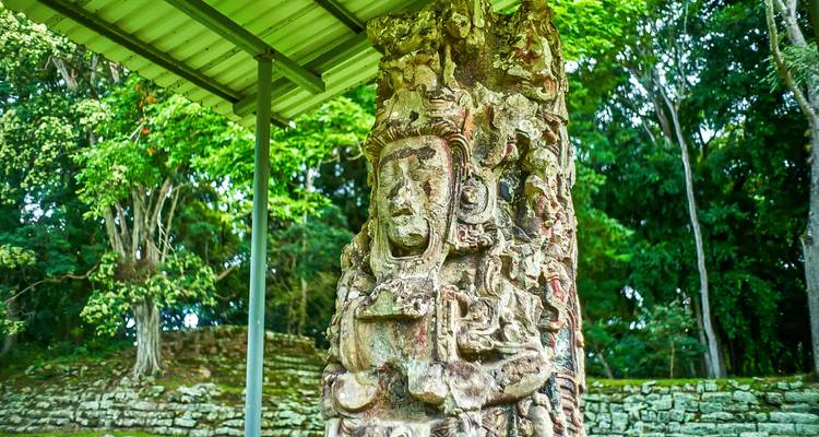 Pierre sculptée ancienne sous un abri dans un cadre de jungle.