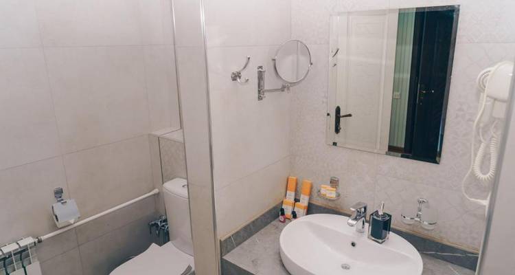 Badezimmer mit grundlegender Ausstattung und einer Dusche.