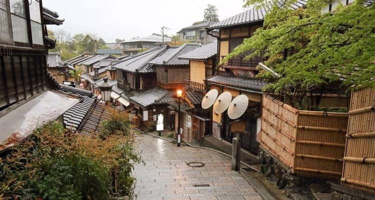 Traditional Japanese street with wooden houses.
