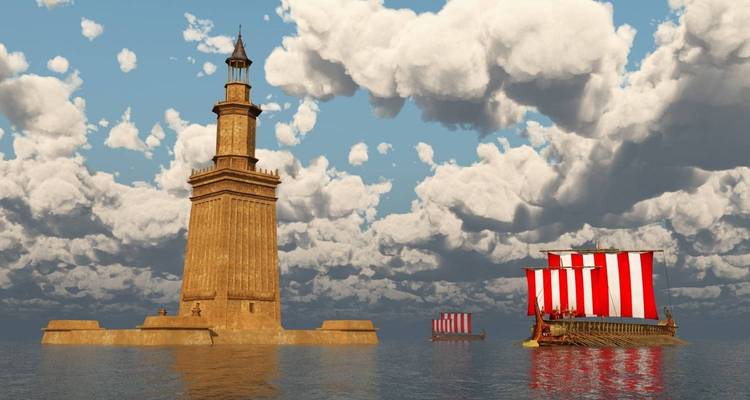 Rendu d'un phare antique avec des navires en mer.