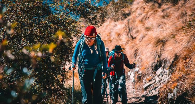 Wandelaars in een groep die door een pad lopen met droge vegetatie.