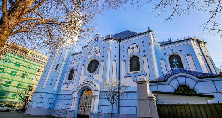 Prachtig versierde synagoge met blauwe patronen op de gevel.