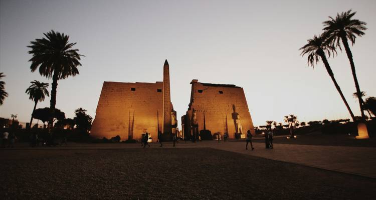 Luxor-Tempel in der Abenddämmerung mit beleuchteten Statuen und Palmen.
