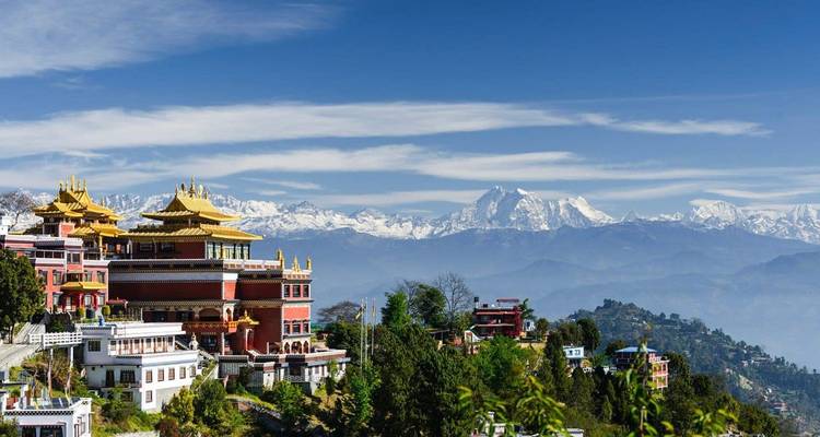 Temple with mountains in the background.