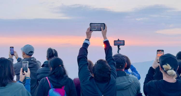 Back view of a group of people holding smartphones to capture a sunrise.