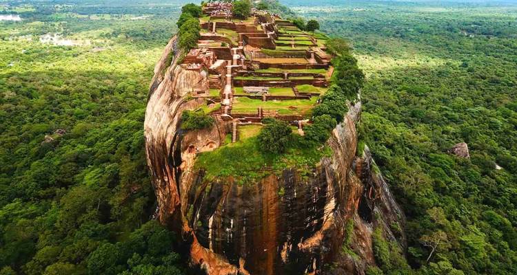 Vue aérienne d'une forteresse rocheuse entourée de forêt.