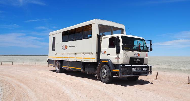 Heavy-duty truck parked on a dry, open road under clear skies.