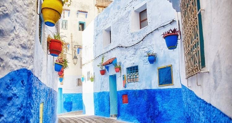 Lebendige blaue Gasse in Chefchaouen mit bunten Töpfen.