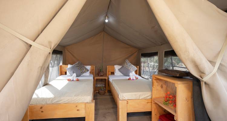 Interior of a safari-style tent with twin beds and decor.