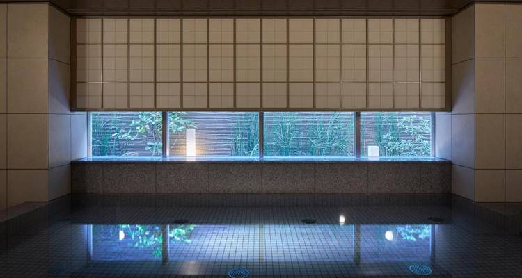 Innenpoolbereich mit Holz- und Fliesenästhetik.