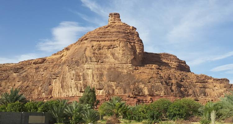 Large desert rock formation with vegetation at its base.