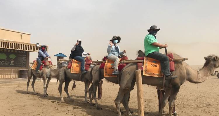 Groep mensen die op kamelen rijden in een woestijnomgeving.