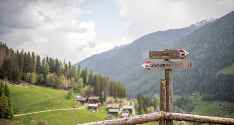 Gebirgige Landschaft mit Richtungsschildern und rustikalen Gebäuden.