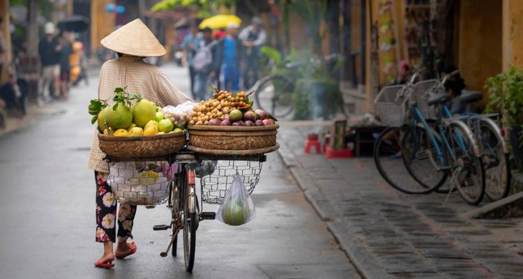 Vendeur ambulant poussant un vélo chargé de paniers de fruits frais le long d'une ruelle pavée humide de la vieille ville.