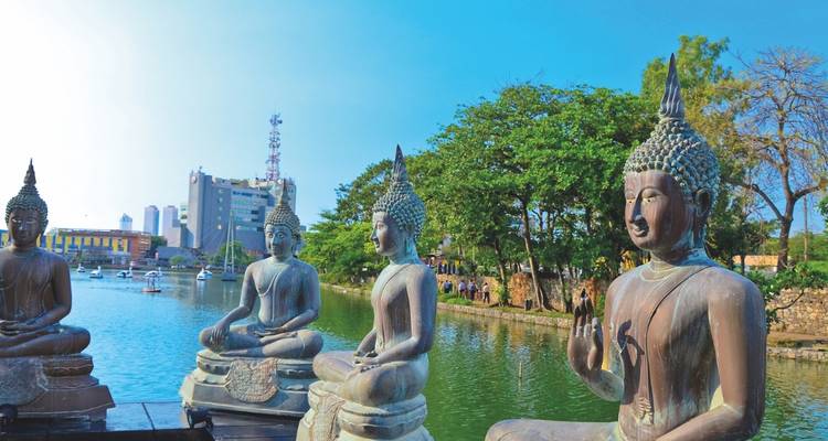 Line of serene Buddha statues beside a tranquil lake in Colombo city park