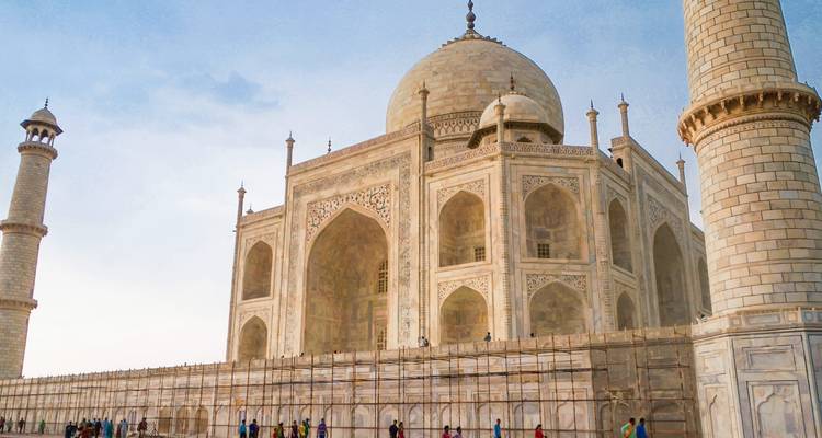 The Taj Mahal, a stunning white marble mausoleum with minarets, in Agra.
