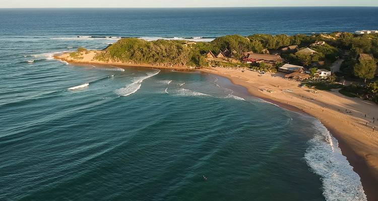 Vista aérea de una playa con olas y vegetación.