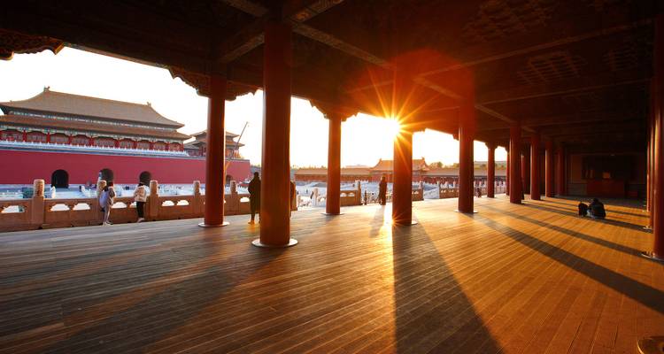 Interior view of the Forbidden City with sun rays.