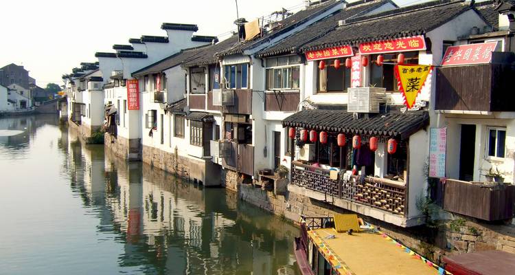 Traditional water town buildings along a canal.