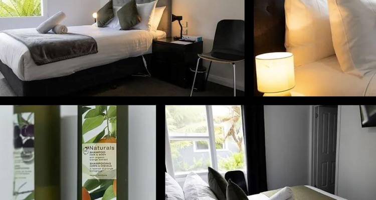 Collage der Unterkunft mit Zimmer- und Badezimmerdetails.