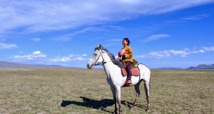 Person on horseback in open grassland.