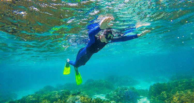 Persona buceando con esnórquel en agua turquesa cristalina.
