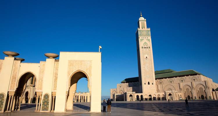 Groot moskeecomplex met ingewikkelde gevel en hoge minaret.