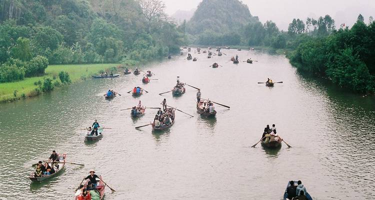 Numerous boats on a river surrounded by trees and a misty background.
