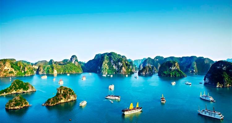 Cruiseboten die varen door de prachtige wateren van Halong Bay.