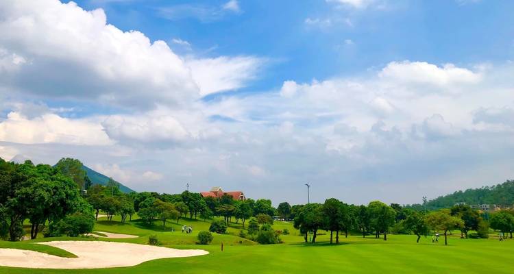 Een golfbaanlandschap met bomen en een bewolkte hemel.