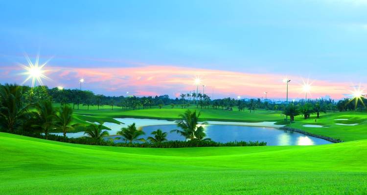 Golfplatz mit einem Sonnenuntergangshimmel im Hintergrund und Palmen.
