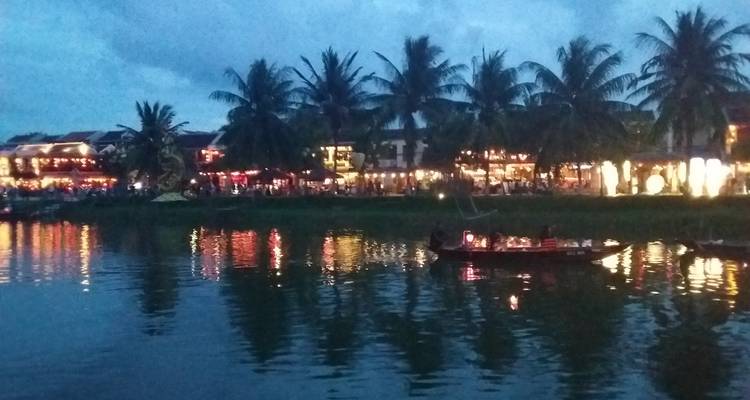 Avondzicht van palmbomen en verlichte gebouwen aan de overkant van een rivier.