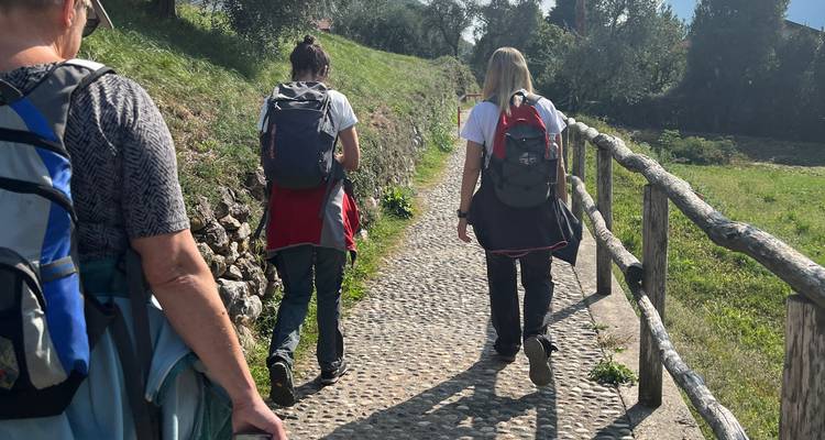 Personas caminando por un sendero con mochilas.