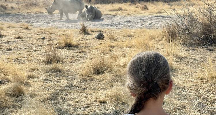 Kind dat twee neushoorns observeert in een droog grasland.