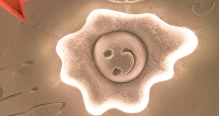 Gros plan d'une sculpture de glace avec un visage souriant.