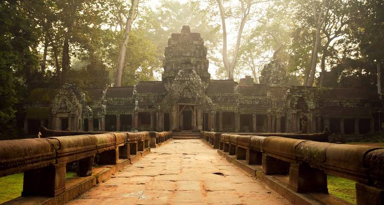 Oude tempelruïne in een bos, beschaduwd pad dat ernaar leidt
