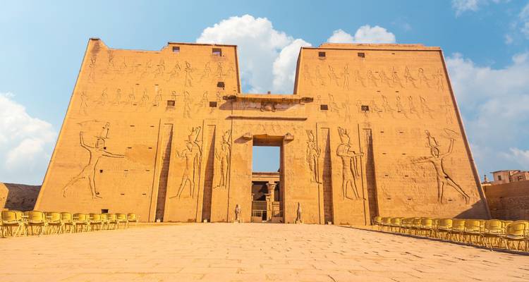 Facade of an ancient Egyptian temple with hieroglyphics.