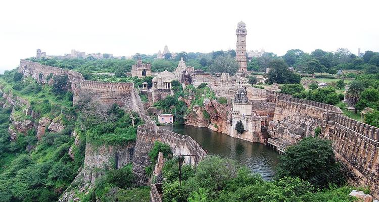 Chittorgarh Fort with expansive views of the ramparts and surrounding landscape.