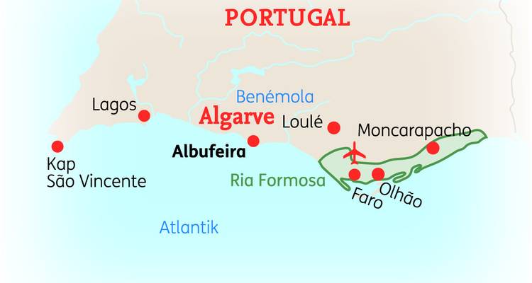 Map of Portugal’s Algarve region with coastal towns and Ria Formosa highlighted.