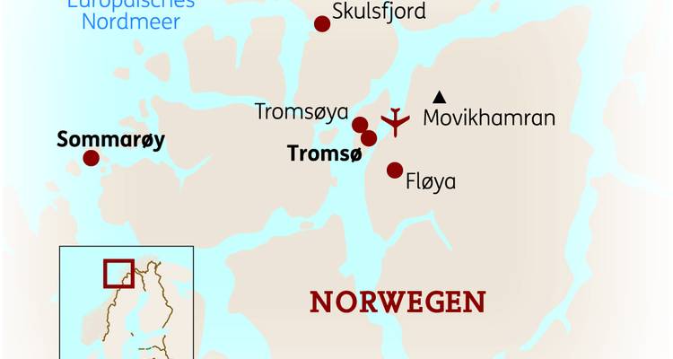Karte von Norwegen mit hervorgehobenen Standorten.