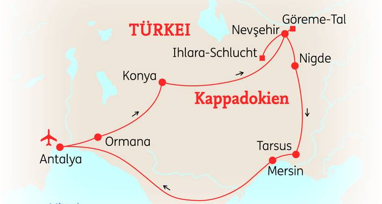 Map illustrating a round-trip route from Antalya through Cappadocia and the Mediterranean coast of Turkey.