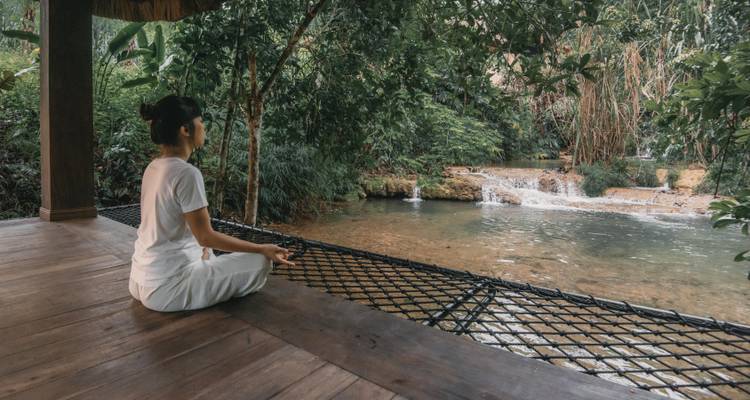 Persoon die mediteert bij een serene beek onder weelderige bomen.