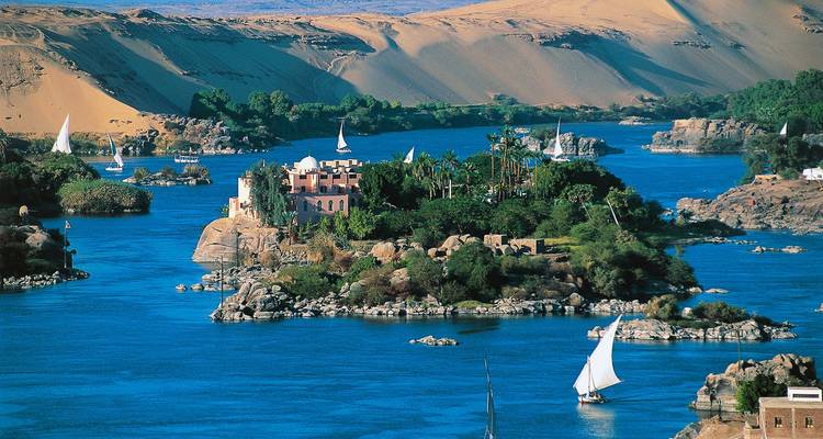 Island in a river with trees and small sailboats visible.