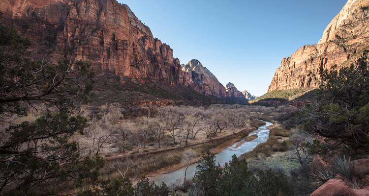 Early morning light on red cliffs flanking the Virgin River in Zion National Park.