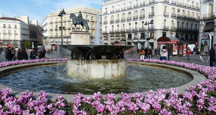 Fuente con flores y edificios históricos que rodean una plaza.
