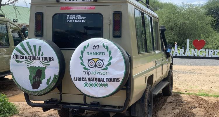 Safari 4x4 with Africa Natural Tours branding parked near an "I love Tarangire" sign.
