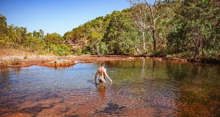 Young man wading in a shallow, clear creek surrounded by red rocks and eucalyptus trees.