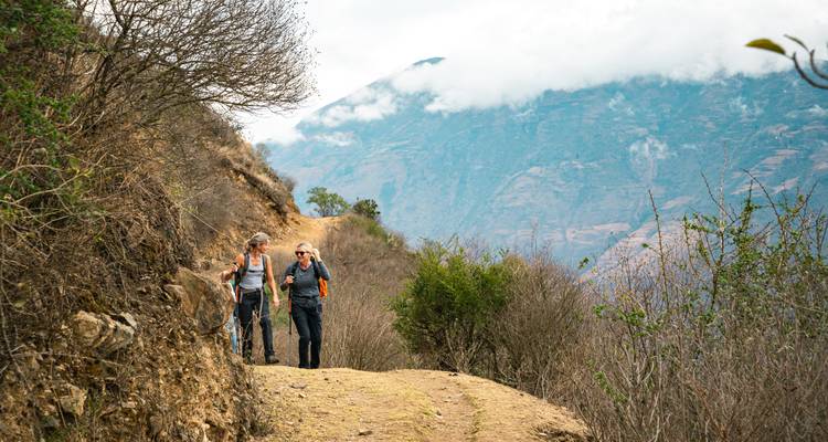 Des randonneurs marchant le long d'un sentier de montagne.