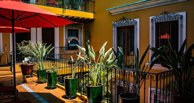 Patio colonial colorido con plantas tropicales en macetas y sombrilla roja.